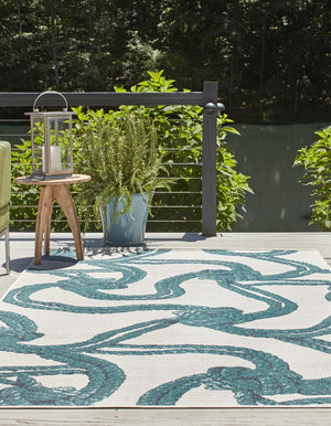 Ivory 7' 10 x 10' Outdoor Coastal Rectangle Area Rug Weather Resistant for Patio, Deck, Terrace, Balcony, Porch 100% Polypropylene Coastal Decor Carpet for Sale at Rug Engine
