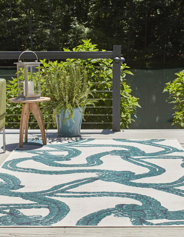 Ivory 7' 10 x 10' Outdoor Coastal Rectangle Area Rug Weather Resistant for Patio, Deck, Terrace, Balcony, Porch 100% Polypropylene Coastal Decor Carpet for Sale at Rug Engine