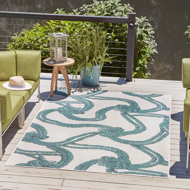 Ivory 7' 10 x 10' Outdoor Coastal Rectangle Area Rug Weather Resistant for Patio, Deck, Terrace, Balcony, Porch 100% Polypropylene Coastal Decor Carpet for Sale at Rug Engine