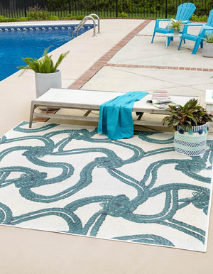 Ivory 7' 10 x 7' 10 Outdoor Coastal Square Area Rug Weather Resistant for Patio, Deck, Terrace, Balcony, Porch 100% Polypropylene Coastal Decor Carpet for Sale at Rug Engine