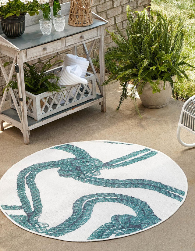Ivory 7' x 7' Outdoor Coastal Round Area Rug Weather Resistant for Patio, Deck, Terrace, Balcony, Porch 100% Polypropylene Coastal Decor Carpet for Sale at Rug Engine
