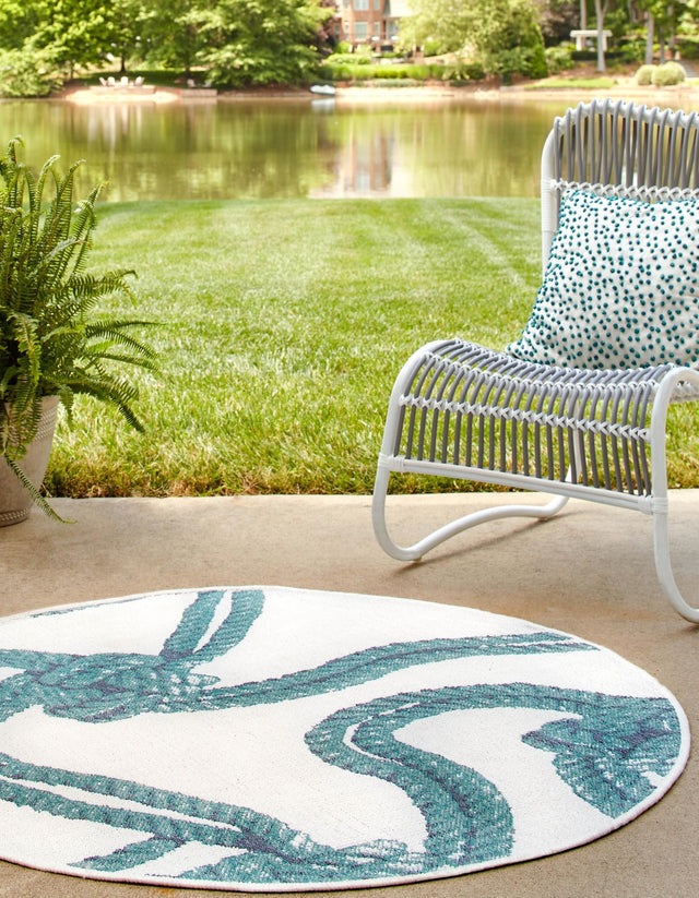 Ivory 7' x 7' Outdoor Coastal Round Area Rug Weather Resistant for Patio, Deck, Terrace, Balcony, Porch 100% Polypropylene Coastal Decor Carpet for Sale at Rug Engine