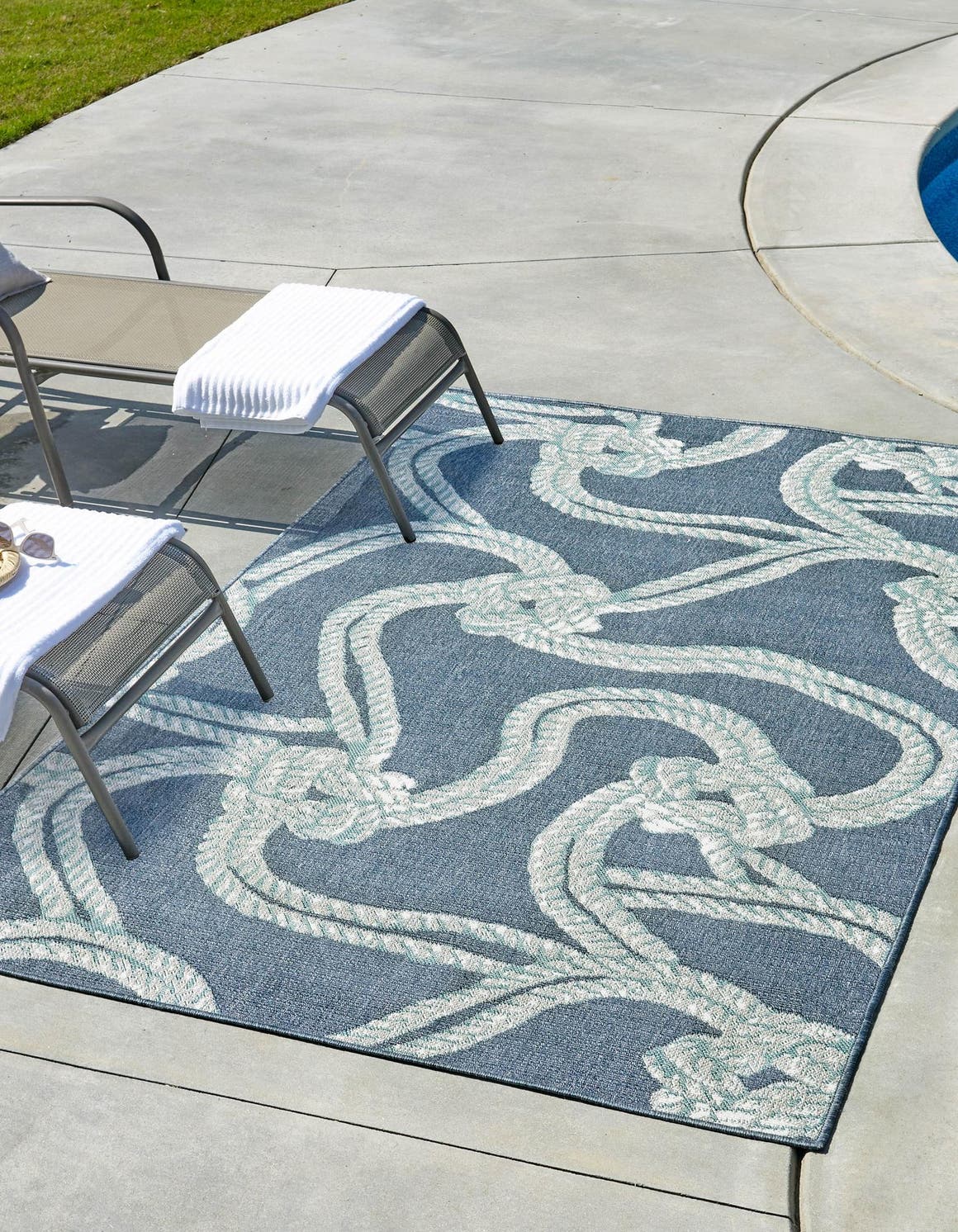 Navy Blue 5' 3 x 8' Outdoor Coastal Rectangle Area Rug Weather Resistant for Patio, Deck, Terrace, Balcony, Porch 100% Polypropylene Coastal Decor Carpet for Sale at Rug Engine
