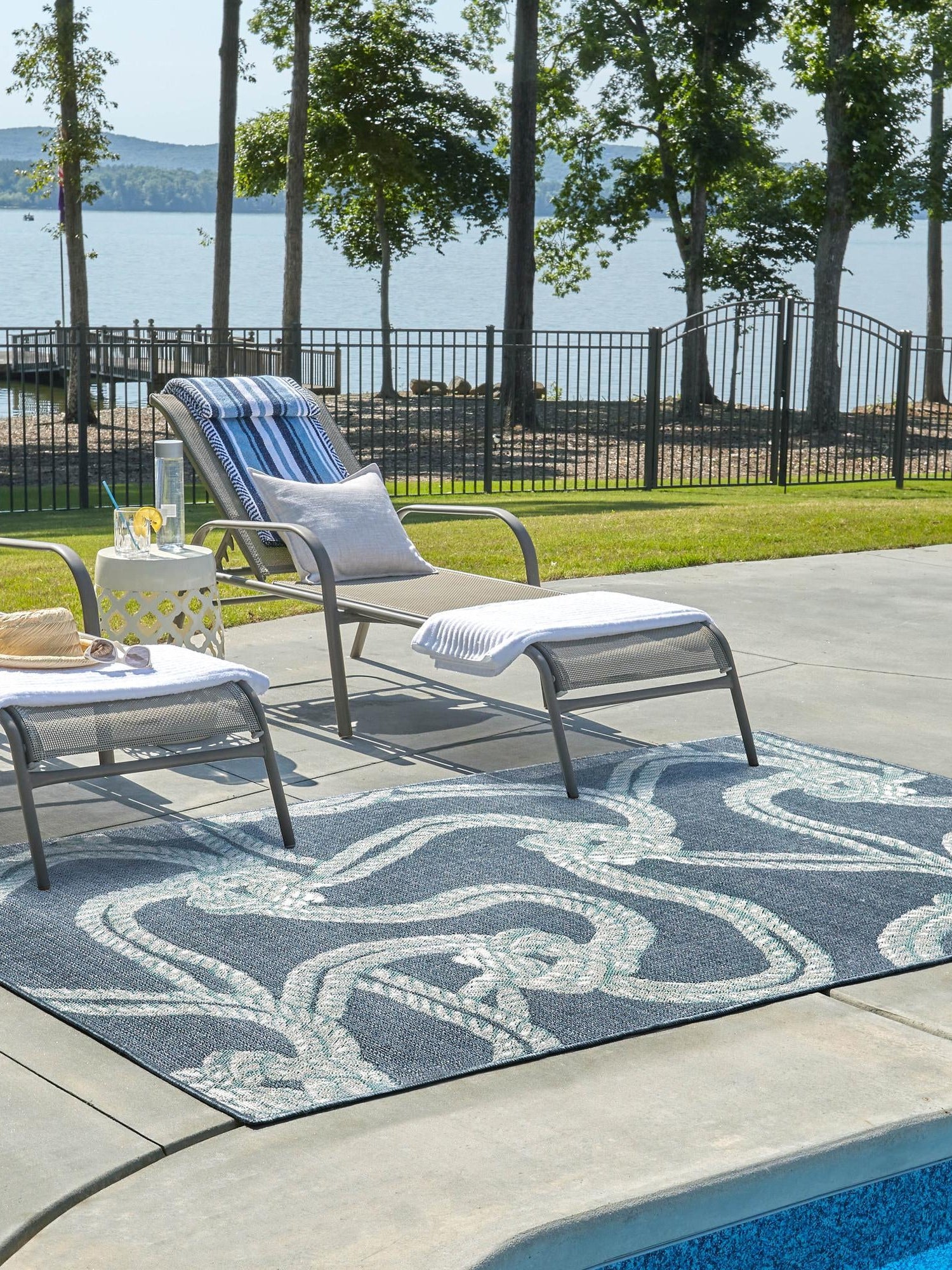Navy Blue 5' 3 x 8' Outdoor Coastal Rectangle Area Rug Weather Resistant for Patio, Deck, Terrace, Balcony, Porch 100% Polypropylene Coastal Decor Carpet for Sale at Rug Engine