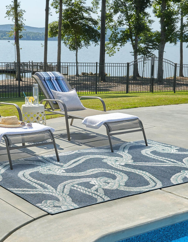 Navy Blue 5' 3 x 8' Outdoor Coastal Rectangle Area Rug Weather Resistant for Patio, Deck, Terrace, Balcony, Porch 100% Polypropylene Coastal Decor Carpet for Sale at Rug Engine