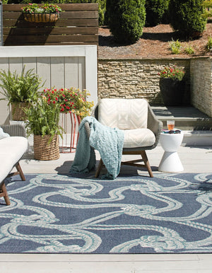 Navy Blue 7' 10 x 7' 10 Outdoor Coastal Square Area Rug Weather Resistant for Patio, Deck, Terrace, Balcony, Porch 100% Polypropylene Coastal Decor Carpet for Sale at Rug Engine