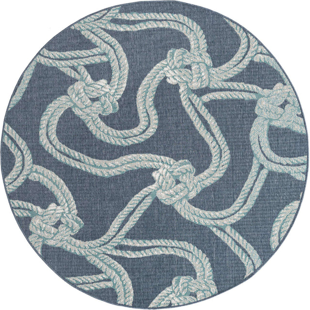 Navy Blue 7' x 7' Outdoor Coastal Round Area Rug Weather Resistant for Patio, Deck, Terrace, Balcony, Porch 100% Polypropylene Coastal Decor Carpet for Sale at Rug Engine