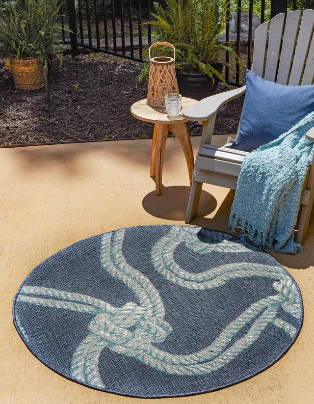 Navy Blue 4' x 4' Outdoor Coastal Round Area Rug Weather Resistant for Patio, Deck, Terrace, Balcony, Porch 100% Polypropylene Coastal Decor Carpet for Sale at Rug Engine