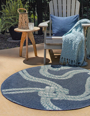 Navy Blue 4' x 4' Outdoor Coastal Round Area Rug Weather Resistant for Patio, Deck, Terrace, Balcony, Porch 100% Polypropylene Coastal Decor Carpet for Sale at Rug Engine