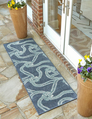 Navy Blue 2' x 8' Outdoor Coastal Runner Area Rug Weather Resistant for Patio, Deck, Terrace, Balcony, Porch 100% Polypropylene Coastal Decor Carpet for Sale at Rug Engine