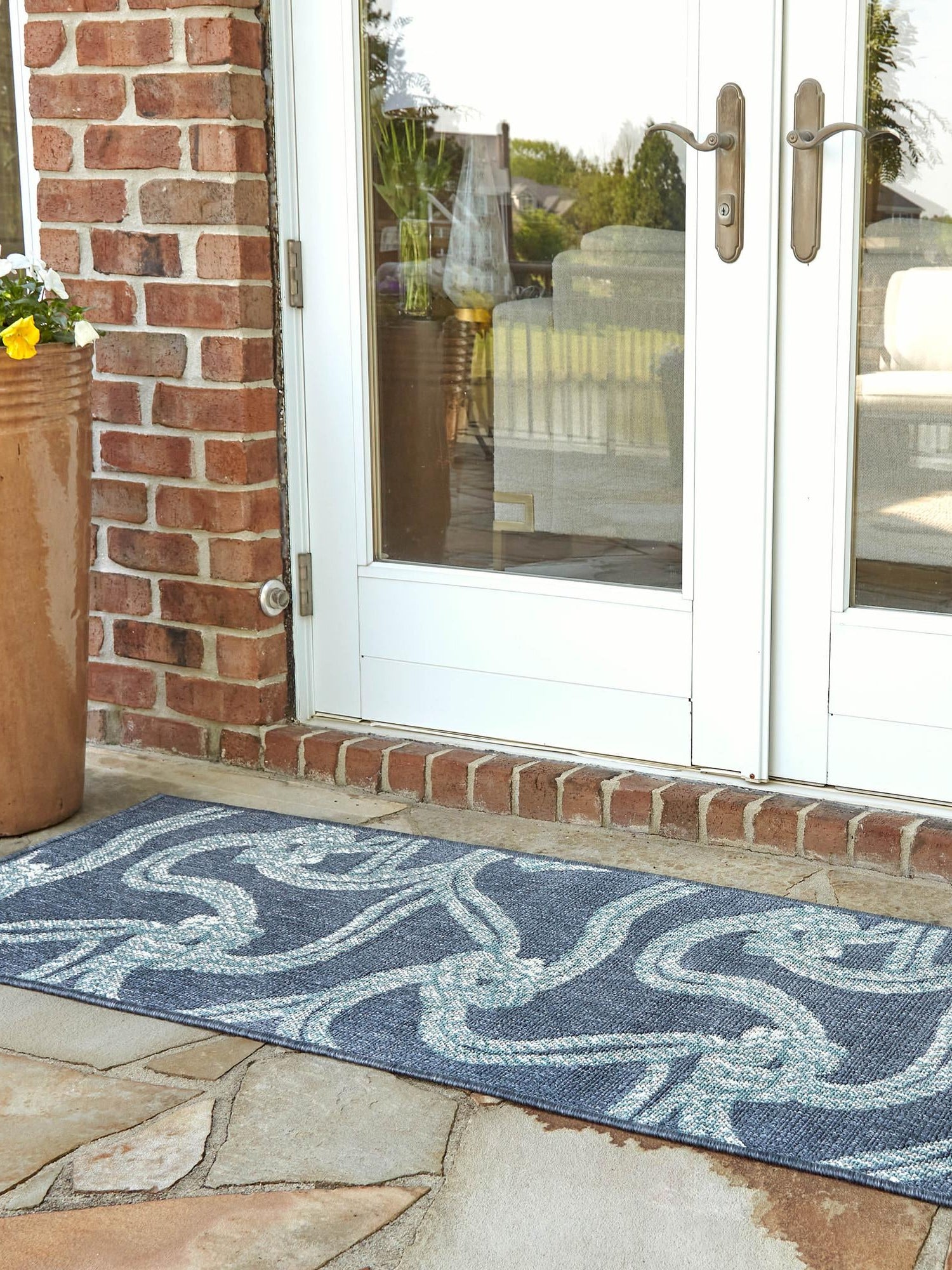 Navy Blue 2' x 6' Outdoor Coastal Runner Area Rug Weather Resistant for Patio, Deck, Terrace, Balcony, Porch 100% Polypropylene Coastal Decor Carpet for Sale at Rug Engine