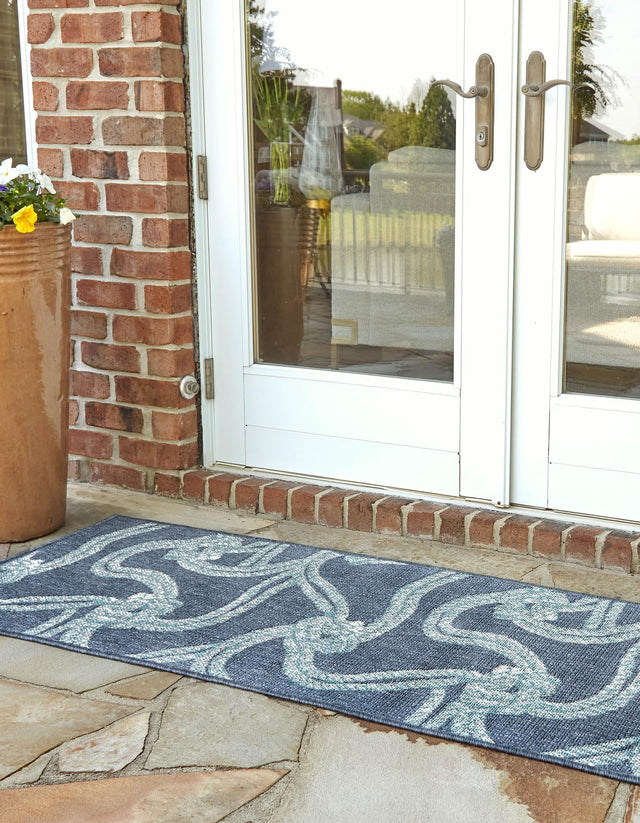 Navy Blue 2' x 6' Outdoor Coastal Runner Area Rug Weather Resistant for Patio, Deck, Terrace, Balcony, Porch 100% Polypropylene Coastal Decor Carpet for Sale at Rug Engine