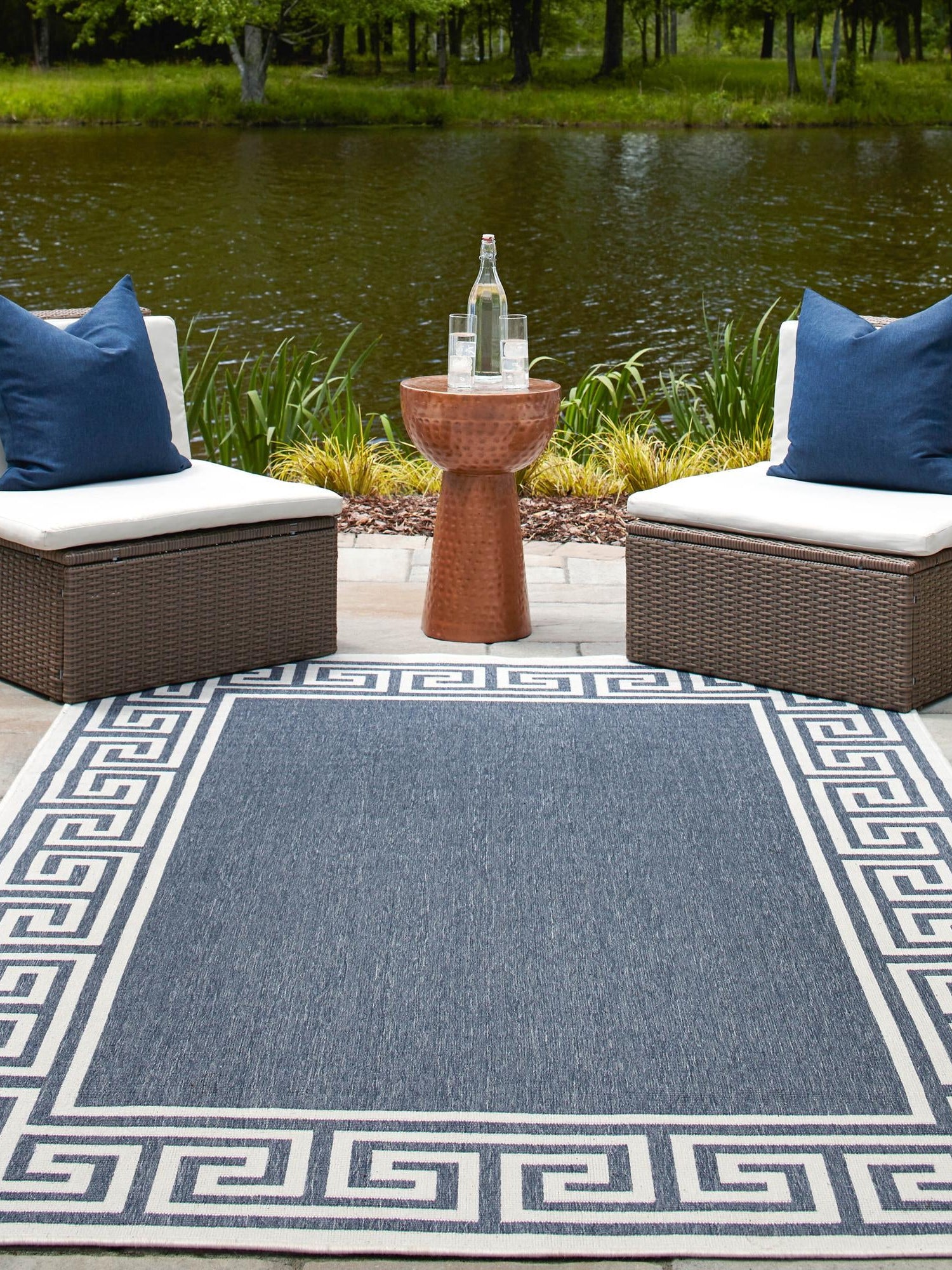 Navy Blue 7' 10 x 10' Outdoor Coastal Rectangle Area Rug Weather Resistant for Patio, Deck, Terrace, Balcony, Porch 100% Polypropylene Coastal Decor Carpet for Sale at Rug Engine