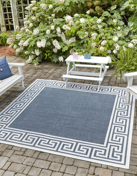 Navy Blue 7' 10 x 7' 10 Outdoor Coastal Square Area Rug Weather Resistant for Patio, Deck, Terrace, Balcony, Porch