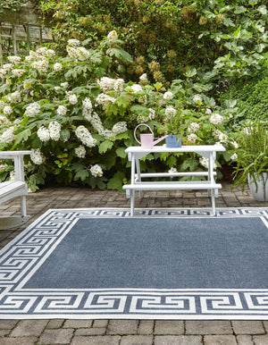Navy Blue 7' 10 x 7' 10 Outdoor Coastal Square Area Rug Weather Resistant for Patio, Deck, Terrace, Balcony, Porch