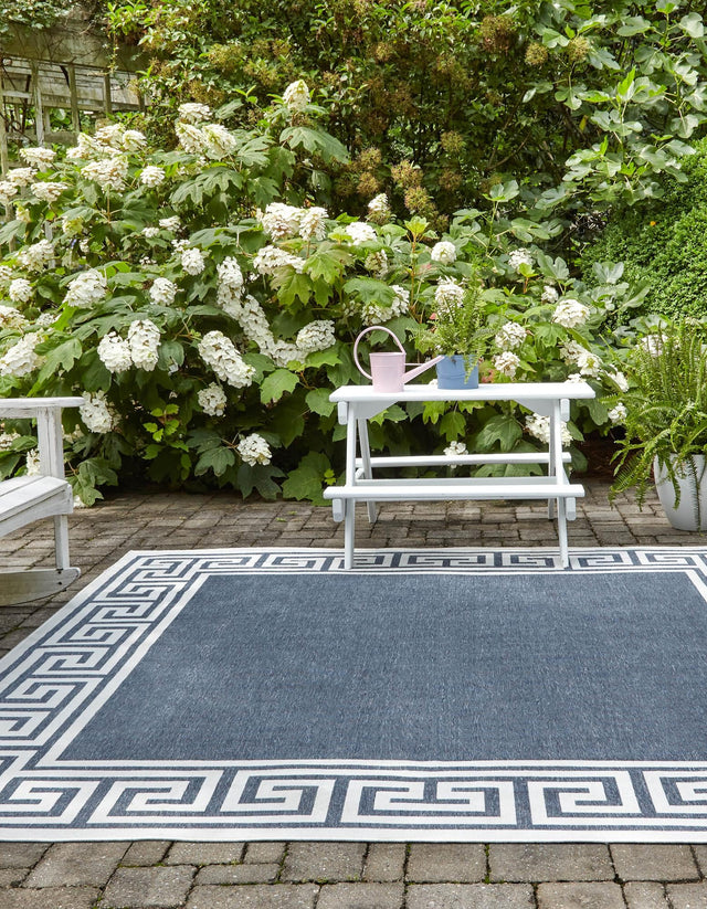 Navy Blue 7' 10 x 7' 10 Outdoor Coastal Square Area Rug Weather Resistant for Patio, Deck, Terrace, Balcony, Porch