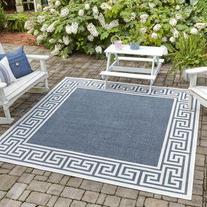 Navy Blue 7' 10 x 7' 10 Outdoor Coastal Square Area Rug Weather Resistant for Patio, Deck, Terrace, Balcony, Porch
