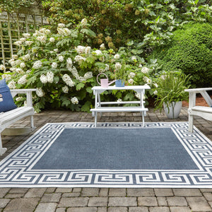 Navy Blue 7' 10 x 7' 10 Outdoor Coastal Square Area Rug Weather Resistant for Patio, Deck, Terrace, Balcony, Porch