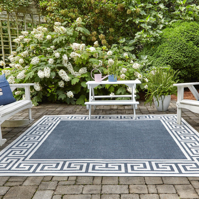 Navy Blue 7' 10 x 7' 10 Outdoor Coastal Square Area Rug Weather Resistant for Patio, Deck, Terrace, Balcony, Porch