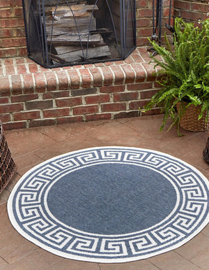 Navy Blue 4' x 4' Outdoor Coastal Round Area Rug Weather Resistant for Patio, Deck, Terrace, Balcony, Porch 100% Polypropylene Coastal Decor Carpet for Sale at Rug Engine