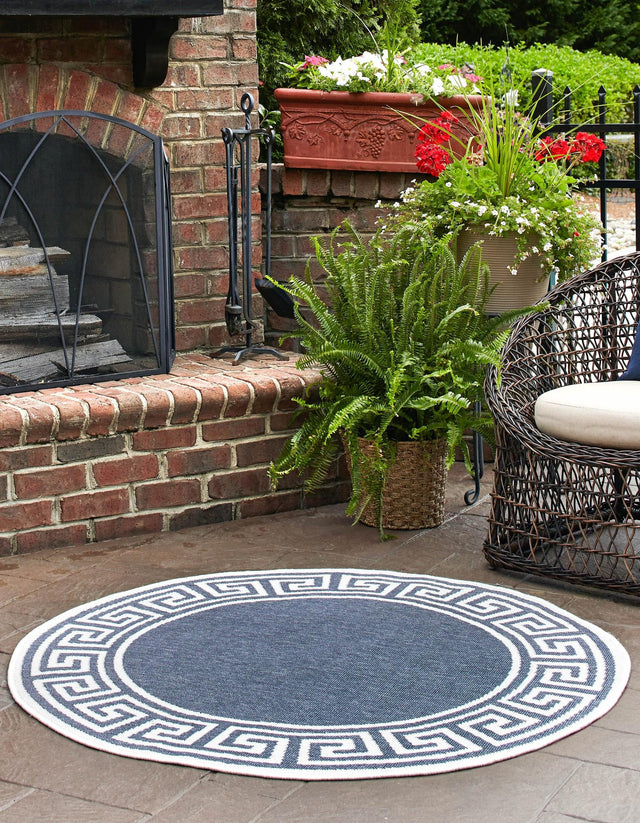 Navy Blue 7' x 7' Outdoor Coastal Round Area Rug Weather Resistant for Patio, Deck, Terrace, Balcony, Porch 100% Polypropylene Coastal Decor Carpet for Sale at Rug Engine