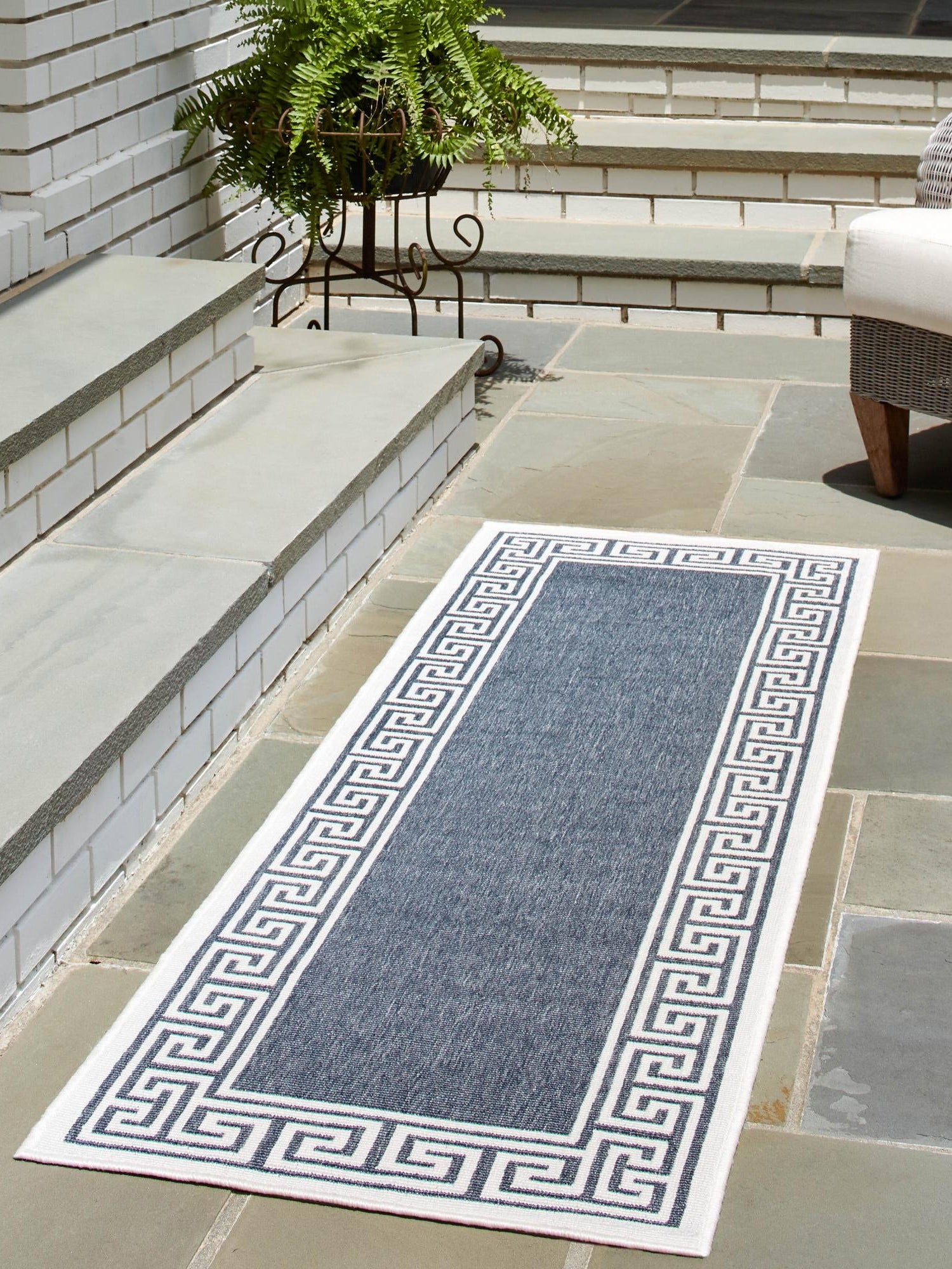 Navy Blue 2' x 8' Outdoor Coastal Runner Area Rug Weather Resistant for Patio, Deck, Terrace, Balcony, Porch 100% Polypropylene Coastal Decor Carpet for Sale at Rug Engine