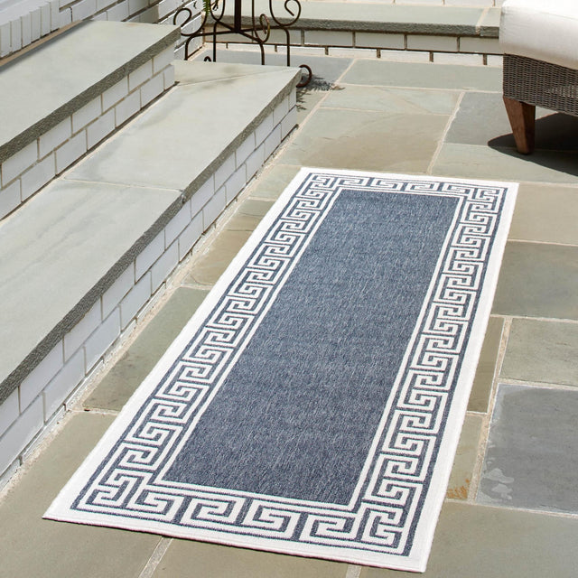 Navy Blue 2' x 8' Outdoor Coastal Runner Area Rug Weather Resistant for Patio, Deck, Terrace, Balcony, Porch 100% Polypropylene Coastal Decor Carpet for Sale at Rug Engine