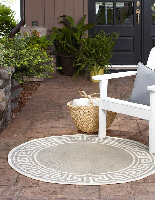 Gray 4' x 4' Outdoor Coastal Round Area Rug Weather Resistant for Patio, Deck, Terrace, Balcony, Porch 100% Polypropylene Coastal Decor Carpet for Sale at Rug Engine