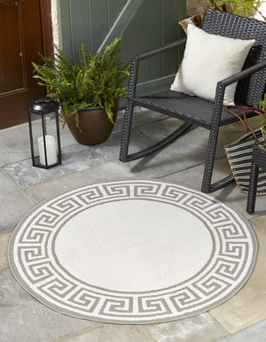 Ivory 7' x 7' Outdoor Coastal Round Area Rug Weather Resistant for Patio, Deck, Terrace, Balcony, Porch 100% Polypropylene Coastal Decor Carpet for Sale at Rug Engine
