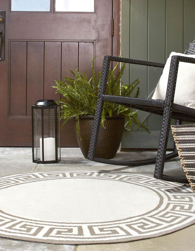 Ivory 7' x 7' Outdoor Coastal Round Area Rug Weather Resistant for Patio, Deck, Terrace, Balcony, Porch 100% Polypropylene Coastal Decor Carpet for Sale at Rug Engine