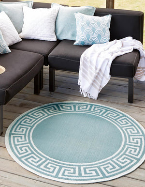 Aqua 4' x 4' Outdoor Coastal Round Area Rug Weather Resistant for Patio, Deck, Terrace, Balcony, Porch 100% Polypropylene Coastal Decor Carpet for Sale at Rug Engine
