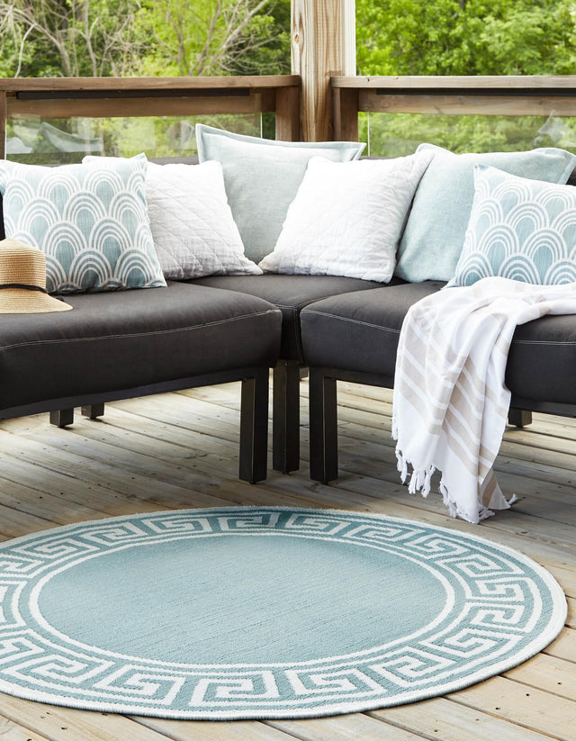 Aqua 4' x 4' Outdoor Coastal Round Area Rug Weather Resistant for Patio, Deck, Terrace, Balcony, Porch 100% Polypropylene Coastal Decor Carpet for Sale at Rug Engine