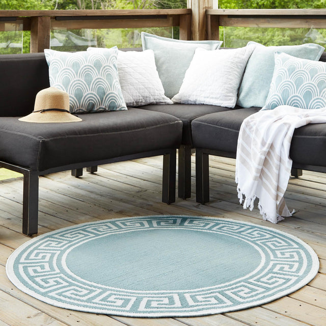 Aqua 4' x 4' Outdoor Coastal Round Area Rug Weather Resistant for Patio, Deck, Terrace, Balcony, Porch 100% Polypropylene Coastal Decor Carpet for Sale at Rug Engine