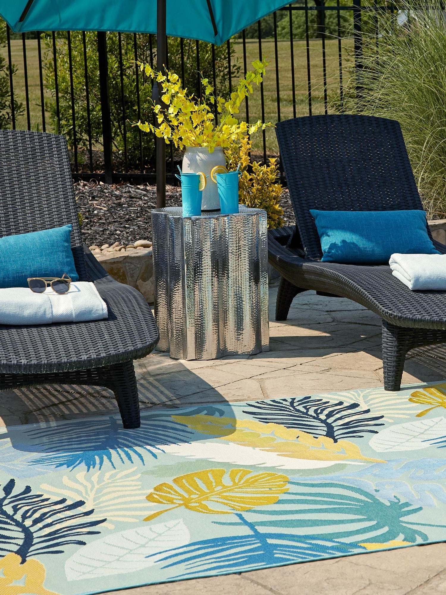 Multicolor 7' 10 x 10' Outdoor Botanical Rectangle Area Rug Weather Resistant for Patio, Deck, Terrace, Balcony, Porch Polypropylene Garden Floral Tropical Carpet for Sale at Rug Engine