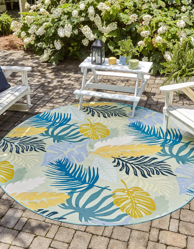 Multicolor 7' 10 x 7' 10 Outdoor Botanical Round Area Rug Weather Resistant for Patio, Deck, Terrace, Balcony, Porch Polypropylene Garden Floral Tropical Carpet for Sale at Rug Engine