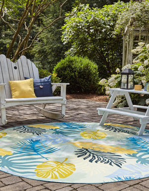 Multicolor 7' 10 x 7' 10 Outdoor Botanical Round Area Rug Weather Resistant for Patio, Deck, Terrace, Balcony, Porch Polypropylene Garden Floral Tropical Carpet for Sale at Rug Engine