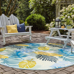 Multicolor 7' 10 x 7' 10 Outdoor Botanical Round Area Rug Weather Resistant for Patio, Deck, Terrace, Balcony, Porch Polypropylene Garden Floral Tropical Carpet for Sale at Rug Engine