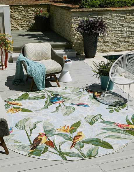 Multicolor 10' x 10' Outdoor Botanical Round Area Rug Weather Resistant for Patio, Deck, Terrace, Balcony, Porch