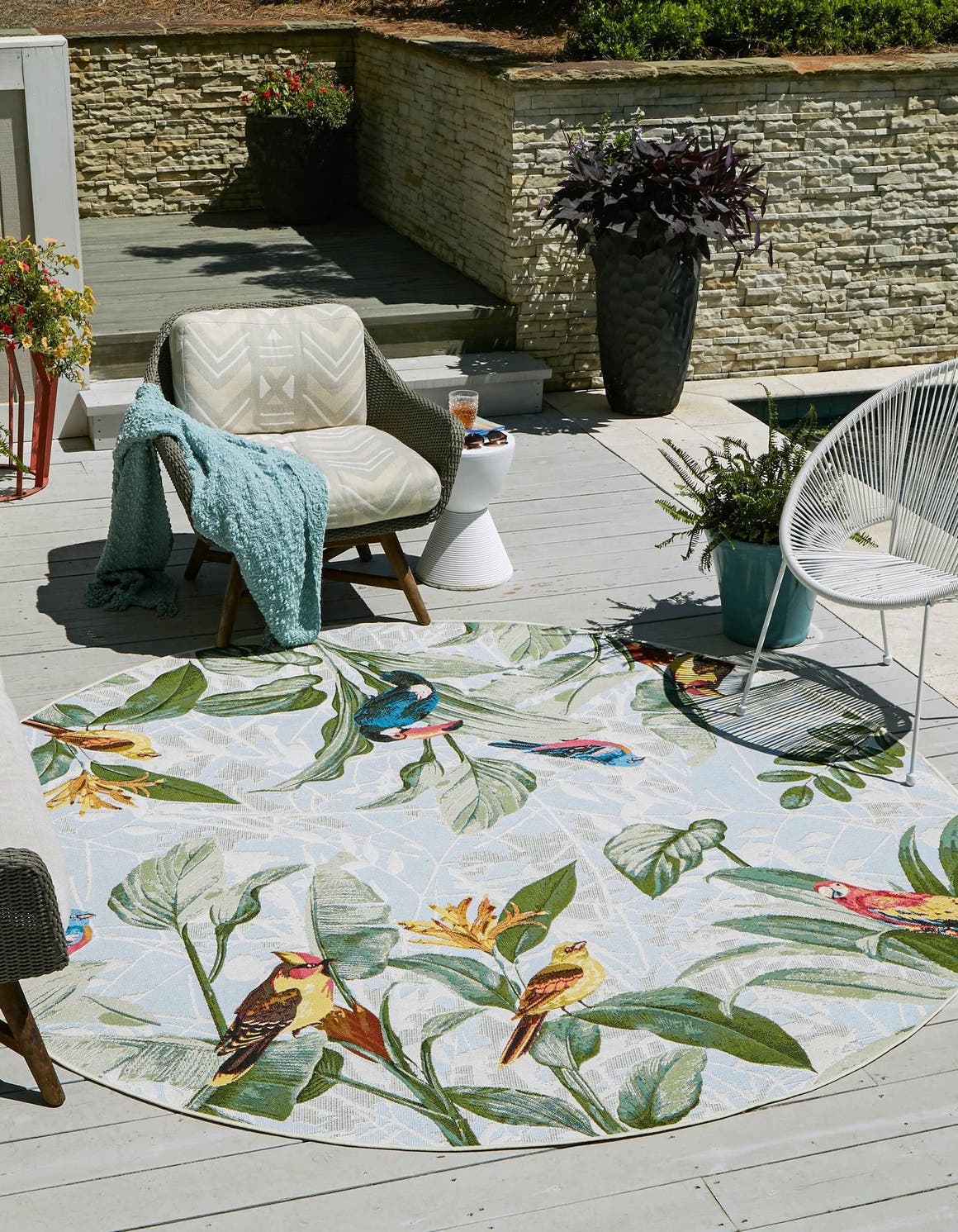 Multicolor 5' 1 x 5' 1 Outdoor Botanical Round Area Rug Weather Resistant for Patio, Deck, Terrace, Balcony, Porch Polypropylene Garden Floral Tropical Carpet for Sale at Rug Engine