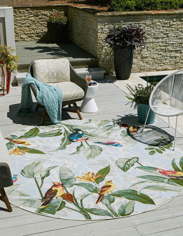 Multicolor 5' 1 x 5' 1 Outdoor Botanical Round Area Rug Weather Resistant for Patio, Deck, Terrace, Balcony, Porch Polypropylene Garden Floral Tropical Carpet for Sale at Rug Engine