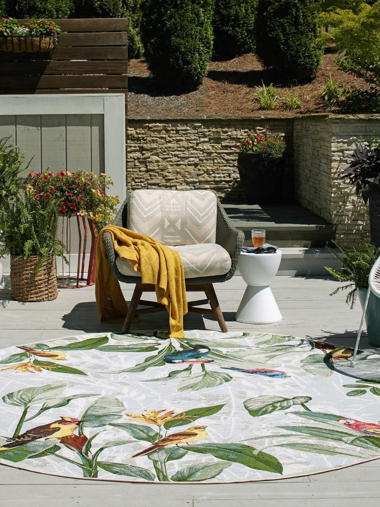 Multicolor 7' 1 x 7' 1 Outdoor Botanical Round Area Rug Weather Resistant for Patio, Deck, Terrace, Balcony, Porch Polypropylene Garden Floral Tropical Carpet for Sale at Rug Engine