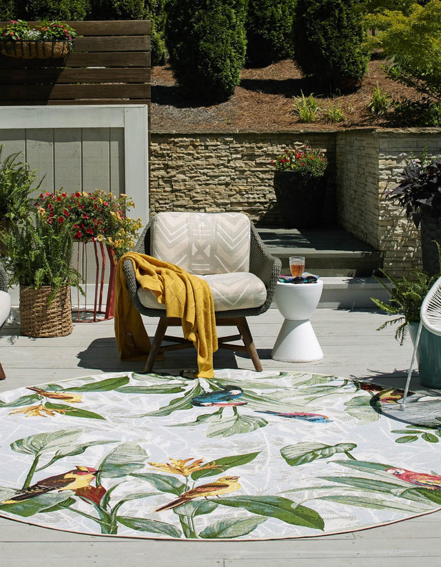 Multicolor 10' x 10' Outdoor Botanical Round Area Rug Weather Resistant for Patio, Deck, Terrace, Balcony, Porch