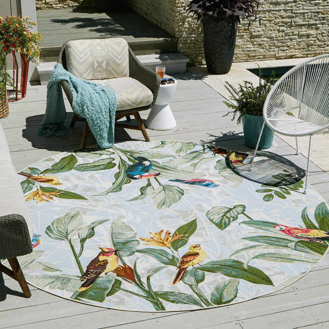 Multicolor 10' x 10' Outdoor Botanical Round Area Rug Weather Resistant for Patio, Deck, Terrace, Balcony, Porch