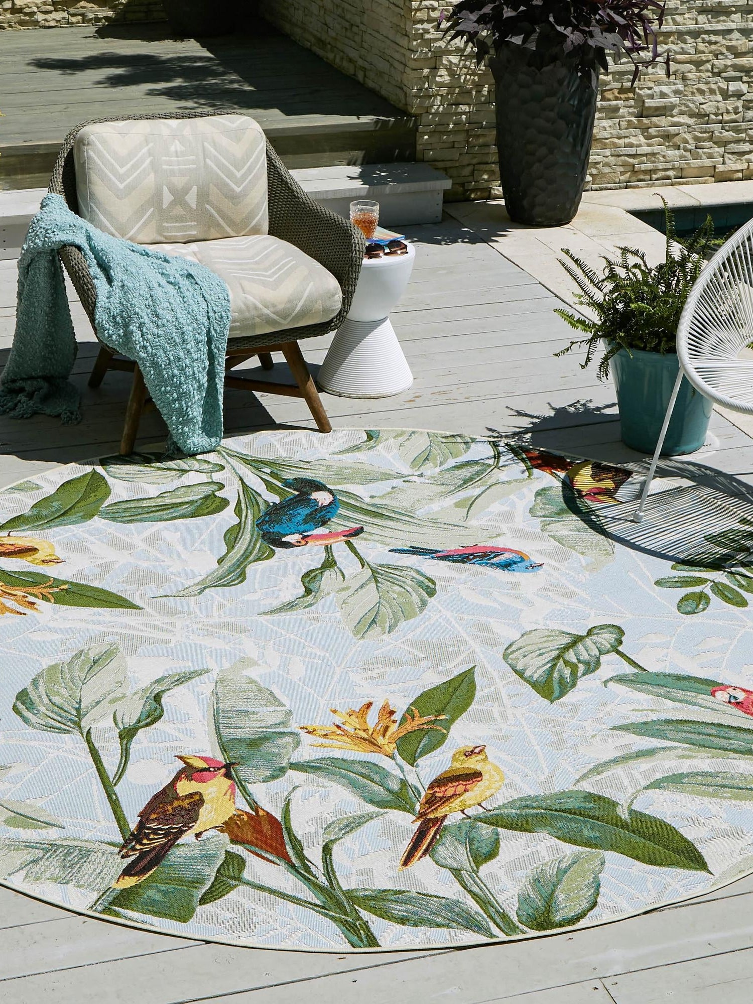 Multicolor 5' 1 x 5' 1 Outdoor Botanical Round Area Rug Weather Resistant for Patio, Deck, Terrace, Balcony, Porch Polypropylene Garden Floral Tropical Carpet for Sale at Rug Engine