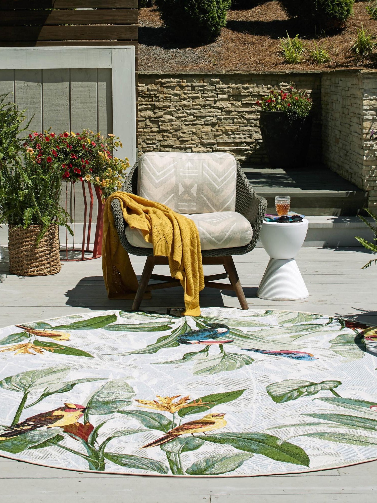 Multicolor 5' 1 x 5' 1 Outdoor Botanical Round Area Rug Weather Resistant for Patio, Deck, Terrace, Balcony, Porch Polypropylene Garden Floral Tropical Carpet for Sale at Rug Engine