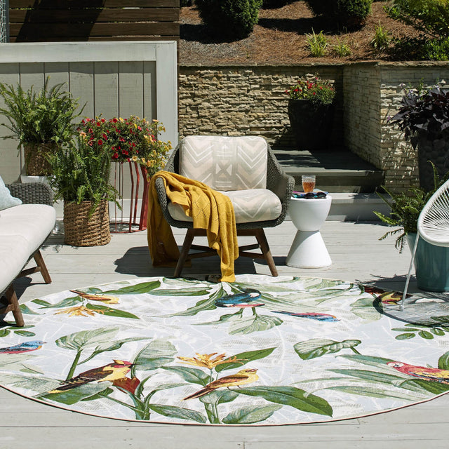 Multicolor 3' 1 x 3' 1 Outdoor Botanical Round Area Rug Weather Resistant for Patio, Deck, Terrace, Balcony, Porch Polypropylene Garden Floral Tropical Carpet for Sale at Rug Engine