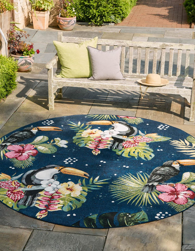 Multicolor 7' 10 x 7' 10 Outdoor Botanical Round Area Rug Weather Resistant for Patio, Deck, Terrace, Balcony, Porch Polypropylene Garden Floral Tropical Carpet for Sale at Rug Engine