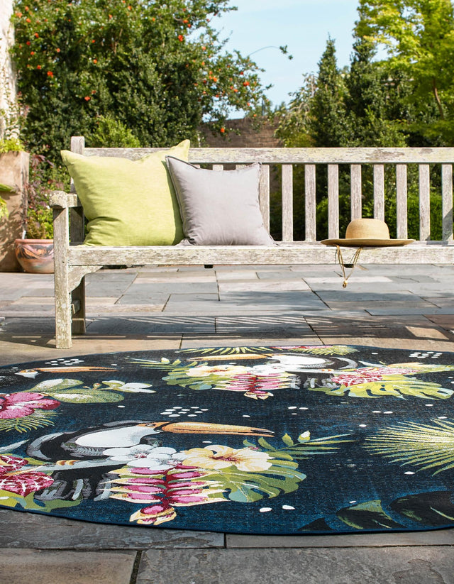 Multicolor 7' 10 x 7' 10 Outdoor Botanical Round Area Rug Weather Resistant for Patio, Deck, Terrace, Balcony, Porch Polypropylene Garden Floral Tropical Carpet for Sale at Rug Engine