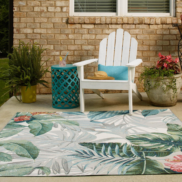Multicolor 5' 3 x 5' 3 Outdoor Botanical Square Area Rug Weather Resistant for Patio, Deck, Terrace, Balcony, Porch