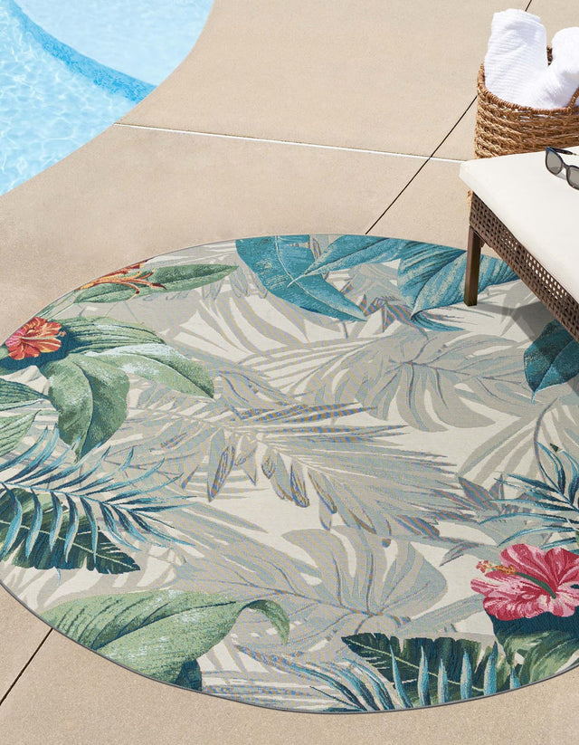 Multicolor 7' 1 x 7' 1 Outdoor Botanical Round Area Rug Weather Resistant for Patio, Deck, Terrace, Balcony, Porch Polypropylene Garden Floral Tropical Carpet for Sale at Rug Engine